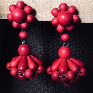Beautiful Wood Beaded Red Boho Clip-on Earrings